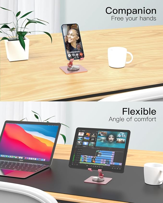Cell Phone & Tablet Stand for Desk, Aluminum Adjustable Holder for iPhone, iPad & Smartphones || Foldable Mount with 360° Swivel, Stable Base & Portable Design for 4–9.7in Devices, Pink