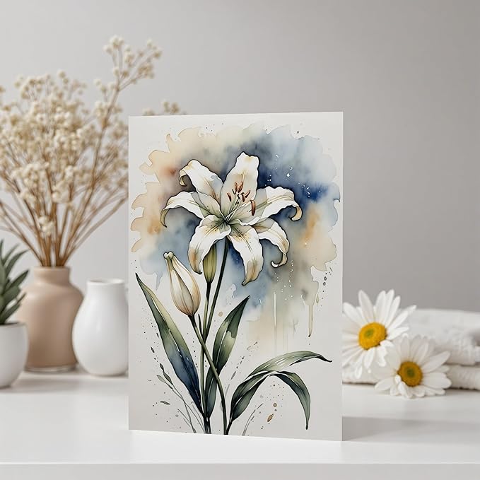 5x7 Blank Inside Greeting Card with Envelope, Watercolor Lily Greeting Card for All Occasions – Birthday, Sympathy, Thank You, Wedding - Single Card
