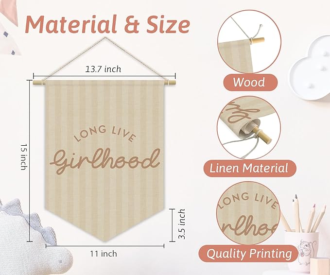 Girl Nursery Decor, Long Live Girlhood Linen Canvas Banner, Neutral Striped Wall Hanging Pennant Flag Banner for Girl Nursery Toddler Kids Room Bedroom Dorm Playroom Decor, 15x11in