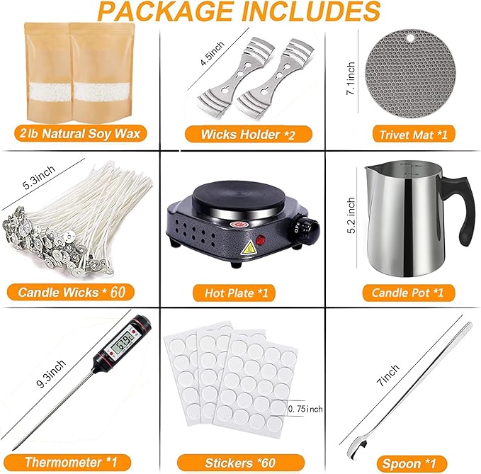 BBAXI Candle Making Kit with Electronic Hot Plate,Candle Wax Melter for Melting,Including Pouring Pot, Hot Plate,2lb Soy Wax,Stain Spoon,Cotton Wicks,Center Devices,Wick,Thermometer.