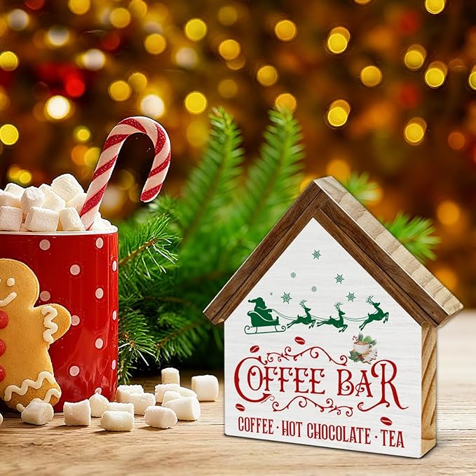Vintage Christmas Coffee Bar Decor, Kitchen Christmas Decorations, Rustic House Shaped Wooden Sign, Xmas Decor for Farmhouse Home Kitchen