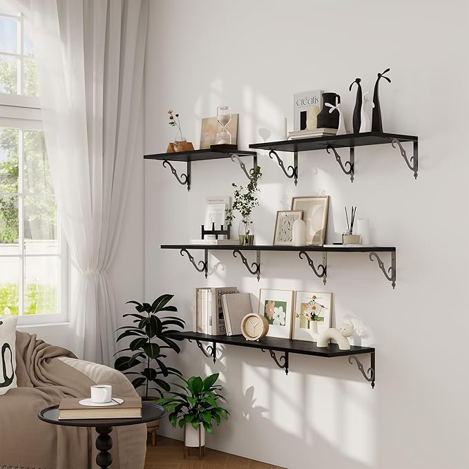 Dreamland Deep Floating Shelves, 48" W x 12" D Wall Shelves Set of 2, Wide Display Shelf Wall Mounted with Brackets, Bookshelf for Living Room, Bathroom, Bedroom, Black
