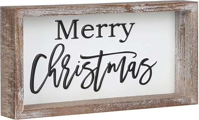 Christmas Tiered Tray Decor, Merry Christmas Block Sign Embossed Metal With Wood Frame, Rustic Farmhouse Winter Decoration for Shelf, Mantel, Home Decor