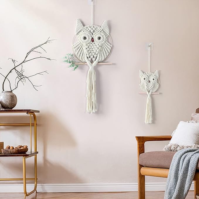 MVSUTA Owl Ivory Cotton Handmade Macrame Wall Hanging Tapestry Home Decor Art and Beige Craft Wonderful Decoration Woven Boho Ornament for Office Bedroom Apartment Living Cream Nursery Gallery,2pcs