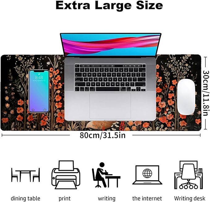 Fox Moonlit Floral Gaming Mouse Pad, Office Desk Mat, Anti-Slip Rubber Base Cool Aesthetic Mouse Pads for Computer Laptop Keyboard School Home Desktop Gamer Home Accessories Decor 31.5" x 11.8"