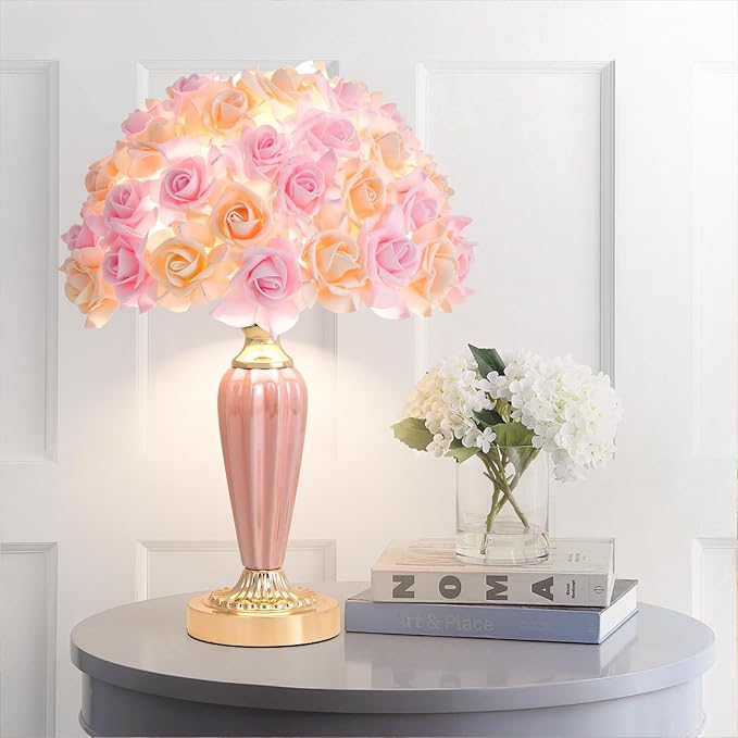 Pink Flowers Lamp Beautiful Yellow Flower Bedside Lamp Nordic Nightstand Light Romantic Rose Bouquet Table Lamp for Wedding Girl Bedroom Valentines Dating Living Room Office Christmas