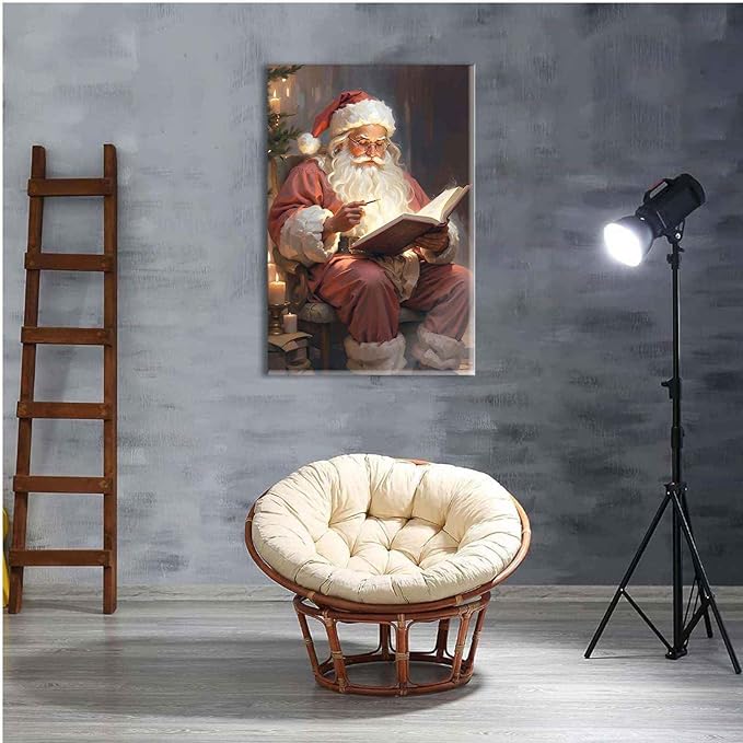 Framed Canvas Wall Art Vintage Christmas Wall Art Santa Writing Book Oil Painting Cottagecore Decor Academia Christmas Decor Winter Print 24x36in Wood Framed