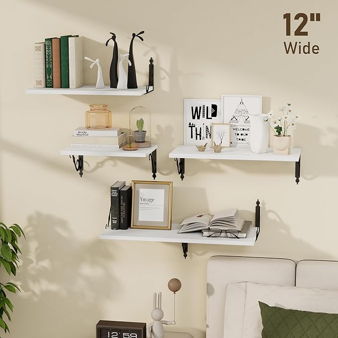 Dreamland Deep Floating Shelves, 16" W x 12" D Wall Shelves Set of 2, Wide Display Shelf Wall Mounted with Brackets, Bookshelf for Living Room, Bathroom, Bedroom, White