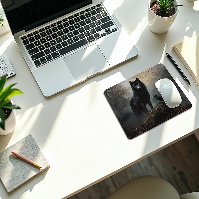 Moody Forest Wolf Raven Mouse Pad, Dark Contemporary Botanical Wolf Crow Bird Mousepad for Desk Home Office Dorm Computers Laptop, Gothic Office Supplies Desk Accessories, 9.5x7.9 Inch