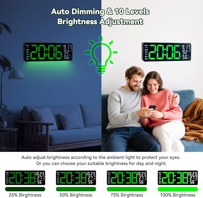 Digital Wall Clock Large Display, 17.3" Digital Clock with RGB Color Remote Control, Auto-Dimming Big Wall Clock with Night Light,Auto DST,Date Week,Temp for Home Decoration, for Elderly (Green)
