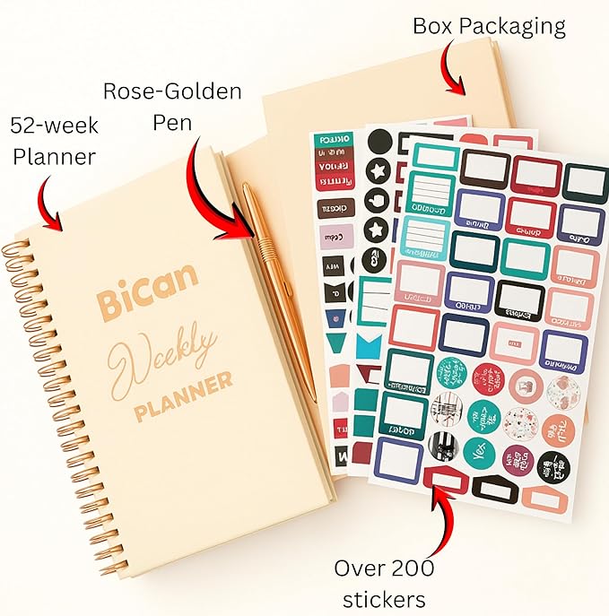 A5 Leather PU Planner & Journal Gift Set – Undated Weekly Spiral Notebook with Pen, Stickers & Box – Goal & Habit Tracker, Productivity Planner for Women & Men 5.8" x 8.0"