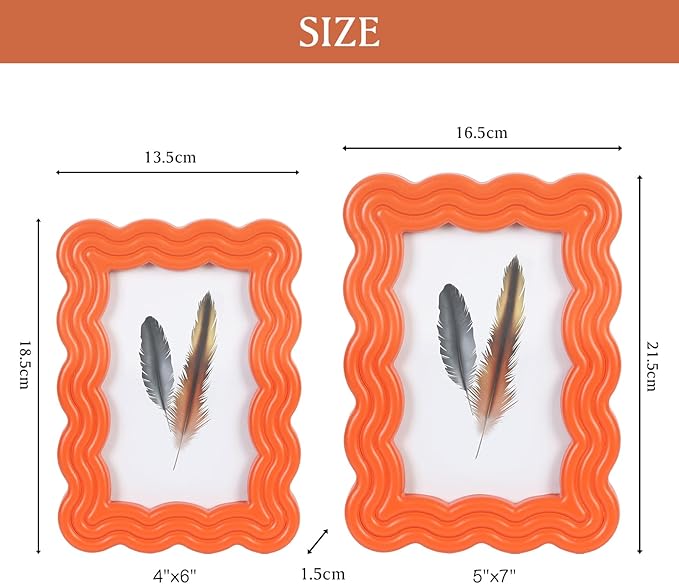 4x6 Picture Frame, Display Pictures 4x6 with Mat, Wavy Edge Wood Photo Frame for Tabletop and Wall Hanging, with Clear Plexiglass for Vertical or Horizontal Display, Orange, 1 Pack