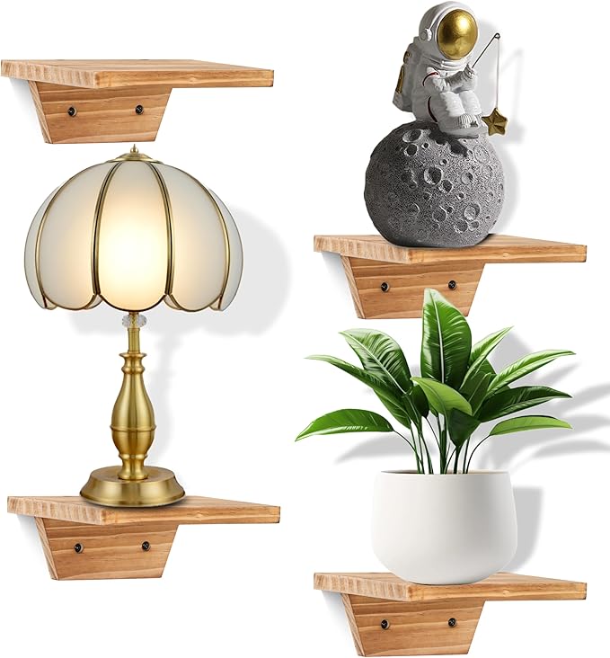 PHOENANCEE Small Floating Shelves,Speaker Shelf,Trapezoid Wall Shelf for Table Lamp Plants Display,Decorative Wood Ledges Chic for Living Room,Bedroom,Kitchen,Pine,8x6 Inch,4 Pack(Carbonized Brown