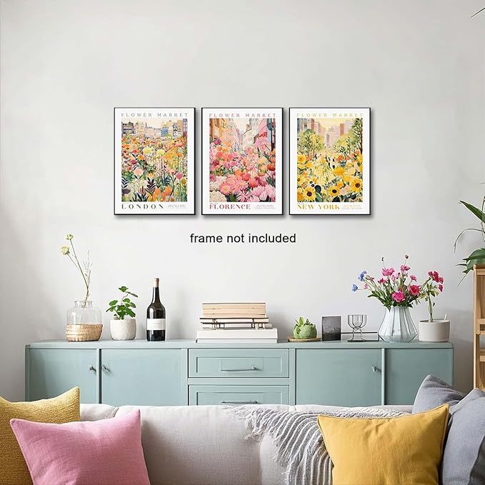 XLARTMY Flower Market Wall Art Print Canvas Yellow Pink Floral Paintings Colorful Botanical Sunflower Artwork Travel Poster for Decor Picture 3 pieces for Living Room Bedroom Bathroom 12x16in Unframed