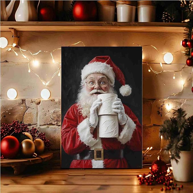Santa Claus Canvas Print Santa with Toilet Paper Humorous Holiday Poster Holiday Evergreen Art Rural Art print Christmas Bathroom Canvas Painting Indoor Decor for Home Bathroom Framed Ready to Hang