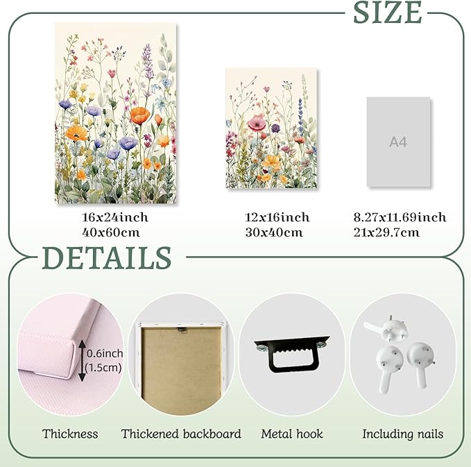 LLEEMPI Framed Watercolor Floral Wall Art Set of 3, Colorful Wildflower Wall Decor, Modern Abstract Botanical Canvas Painting, Rustic Farmhouse Poster Print for Bedroom Bathroom Office 12x16 Inch
