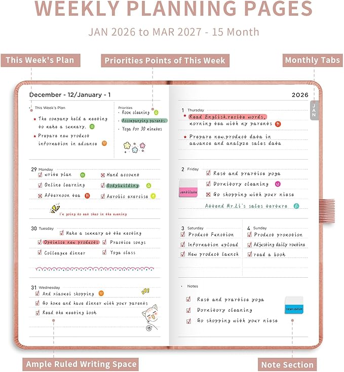 AHGXG Small Pocket Planner 2026-2027, Weekly and Monthly Calendar Planner, 15 Months, JAN 2026 - MAR 2027, Mini Size, Hardcover, Inside Pocket, For Women Men School Home Office Supplies, 3.9''X 6.7'' - Pink