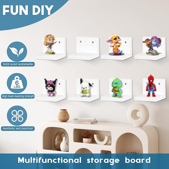 Small Floating Shelf for Wall Set of 6,Mini Shelves for Display Small Figurine,Plant,Collectibles,Wall Shelves for Bedroom Living Room Bathroom Kitchen Decor（White）