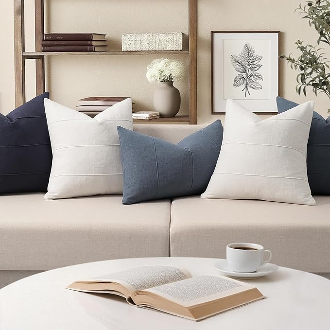 Decorative Linen Throw Pillow Covers 22x22 Set of 2 Solid handcrafted Striped Cushion Covers for Bed Soft Modern Farmhouse Neutral Pillowcase for Couch Bedroom Living Room Home Decor(Cream White)