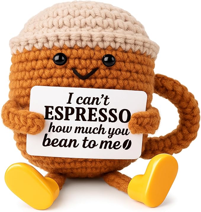 Christmas Stocking Stuffers Birthday Gifts for Women Men Positive Crochet Coffee Cup Desk Decor–Cute Coffee Lover Gift for Best Friend Girlfriend Couple Wife Husband Anniversary Thank You