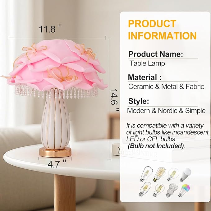 Pink Flower Lamp Romantic Bouquet Bedside Lamp Cute Nightstand Light Nordic Bow Table Lamp for Bedroom Living Room Entry Office Study Room Kid Room Valentines Dating Wedding Chirstmas Deco