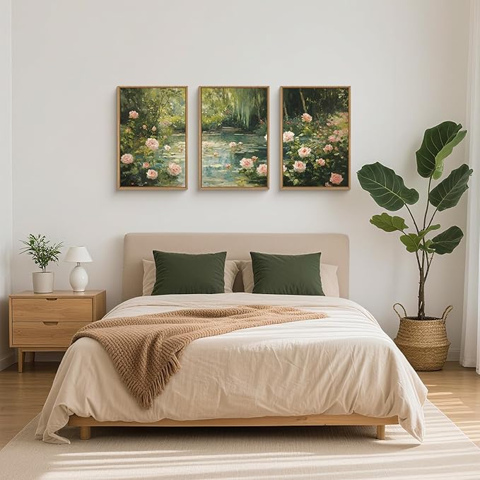 Watercolor Flower Tree Framed Canvas Wall Art Set,Natural White Pink Rose Wildflower Wall Decor,Vintage Dark Green Botanical Artwork for Living Room, Bedroom,Farmhouse- 16"x24"x3