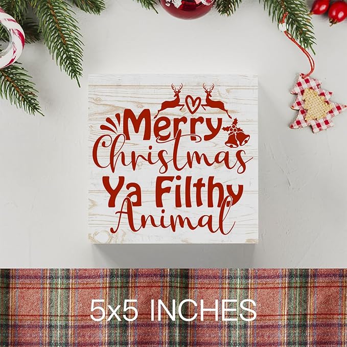 Home Alone Decor Winter Merry Christmas Ya Filthy Animal Tree Wood Box Sign, Farmhouse Christmas Santa Artwork Decor, Wood Square Sign Desk Block Signs Home Shelf Office Decoration 5 x 5 Inches