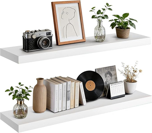 Floating Wall Shelf 36x6.8x1.7 Inch – Solid Wood Shelf in White Finish – Heavy Duty Wall Mounted Rustic Display Shelf for Living Room, Kitchen, Bedroom, Hallway – Set of 2