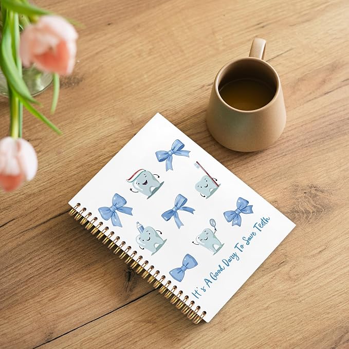 WUCHJ Dentist Gifts Notebook, Dental Hygienist Gifts Journal, Coquette Blue Bow Cute Tooth Spiral Notebook Journal for Note Taking, Dentist Office Supplies, 5.5x8.3 Inch