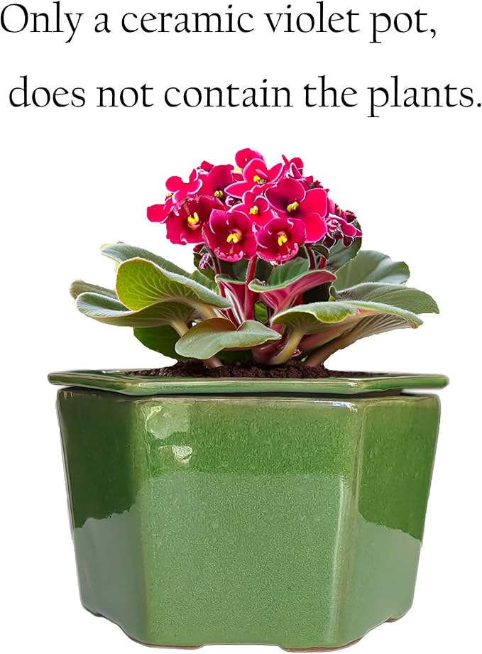 African Violet Pots 6 inch Hexagon Self-Watering Ceramic Pots 4.50'' Opening(Green)