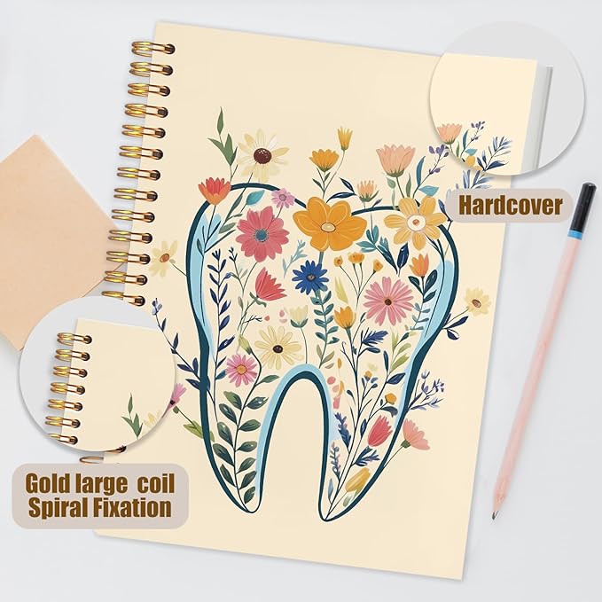 WUCHJ Dentist Gifts Notebook Journal, Dental Assistant Office Gifts for Women, Yellow Floral Tooth Dental Spiral Notebook Journal for Note Taking, Dentist Office Supplies, 5.5x8.3 Inch