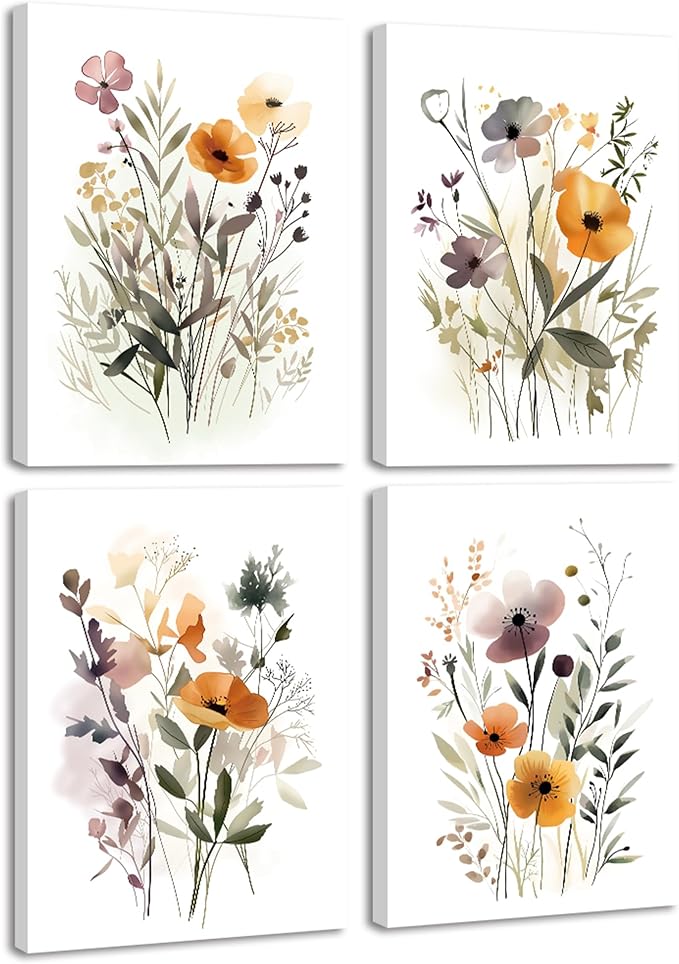 Drsoum Wildflower Bouquet Boho Framed Wall Art Wooded Minimalist Aesthetic Botanical Flower Prints Modern Plants Bathroom Kitchen Home Decor Ready to Hang 12x16inx4pcs (Framed)