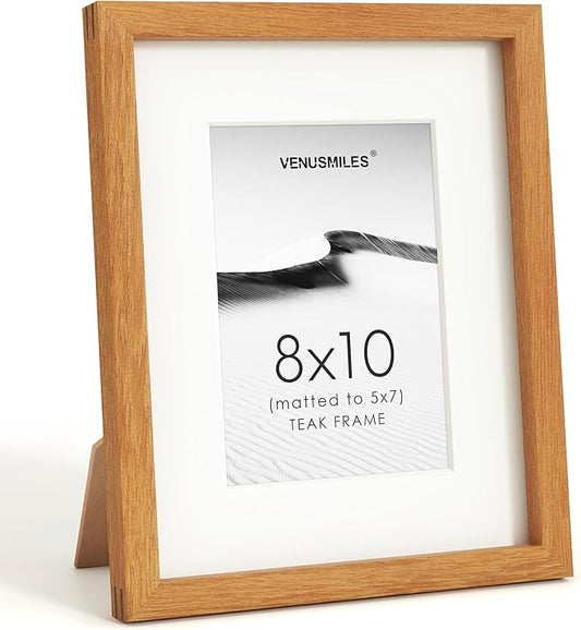 8x10 Picture Frame, USA-Sourced Natural Teak Wood Photo Collage Frame with HD Tempered Glass, Modern Simple 8 x 10 Wooden Frame Matted to 5x7, Gallery Wall Frames for Art, Wall or Tabletop Display