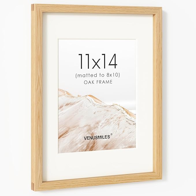 11x14 Picture Frame, USA-Sourced Natural Oak Wood Photo Collage Frame with HD Tempered Glass, Modern Simple 11 x 14 Wooden Frame Matted to 8x10, Vertical & Horizontal Wall Hanging Display