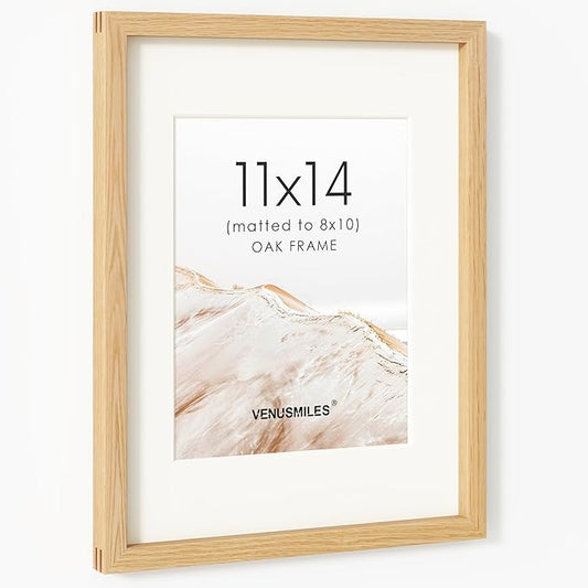 11x14 Picture Frame, USA-Sourced Natural Oak Wood Photo Collage Frame with HD Tempered Glass, Modern Simple 11 x 14 Wooden Frame Matted to 8x10, Vertical & Horizontal Wall Hanging Display