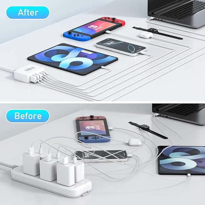 USB C Fast Charger Block,100W GaN 6 Port PD USB C QC USB A Wall Charger Type C Charging Station Hub Plug Cube Brick for iPhone 17 Pro Max/17 Air/16 Plus/15/14 Pro/13 Mini/iPad Pro 5ft Extension Cord