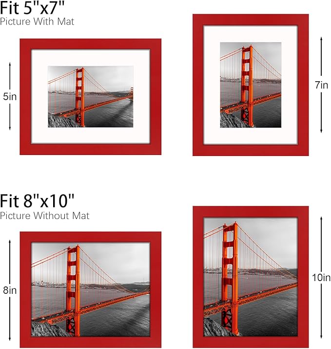 8x10 Picture Frame Set of 9, Display Pictures 5x7 with Mat or 8 x 10 Without Mat, Multi Photo Frames for Wall Mounting or Table Top Display, Red