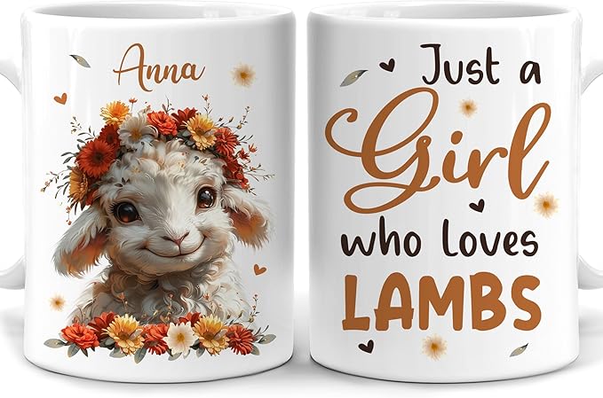 Hyturtle Personalized Cute Lamb Coffee Mug - Gift For Lamb Lover - Just A Girl Who Loves Lambs - Lamb Gift For Women - Animal Lover Gift - Birthday - Custom Name Coffee Cup Ceramic Mug 11oz - 15oz
