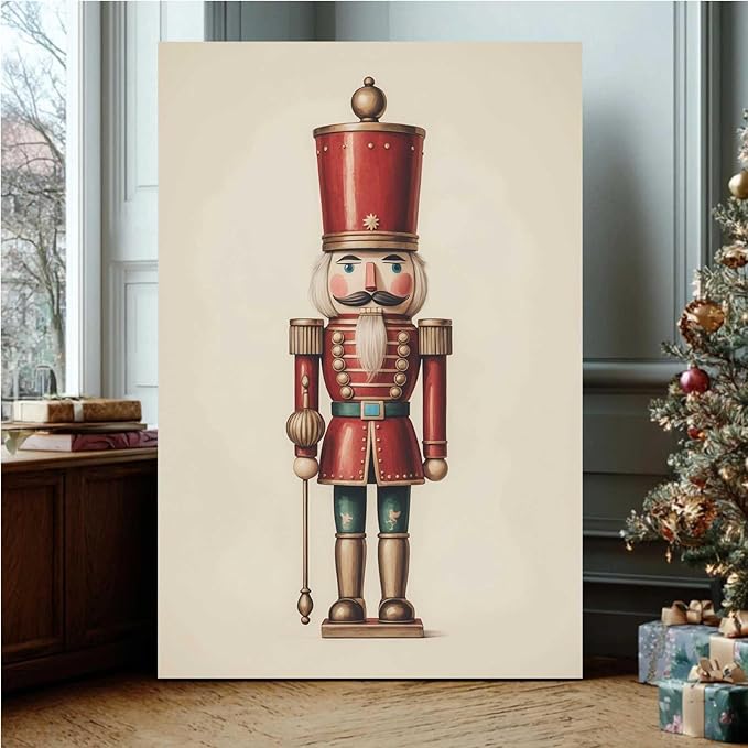 Nutcracker Christmas Wall Art Festive Christmas King Holiday Print Classic Soldier Nutcracker Vintage Holiday Canvas Painting Indoor Decor for Home Offices Living Room Bedroom Framed Ready to Hang