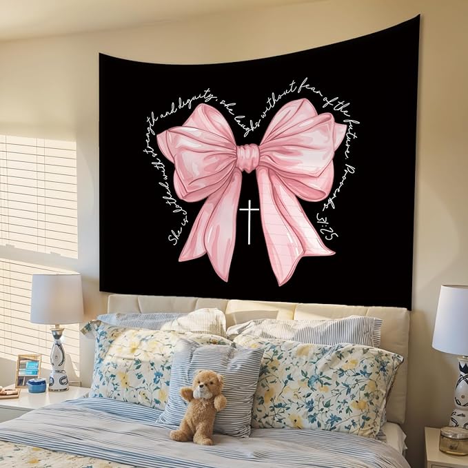 STHTTSW Coquette Pink Bow Christian Tapestry, Cute Tapestries Wall Blanket, Girly Religious Wall Hanging Decor for Girls Women College Dorm Apartment Bedroom Church, 50x60 Inch