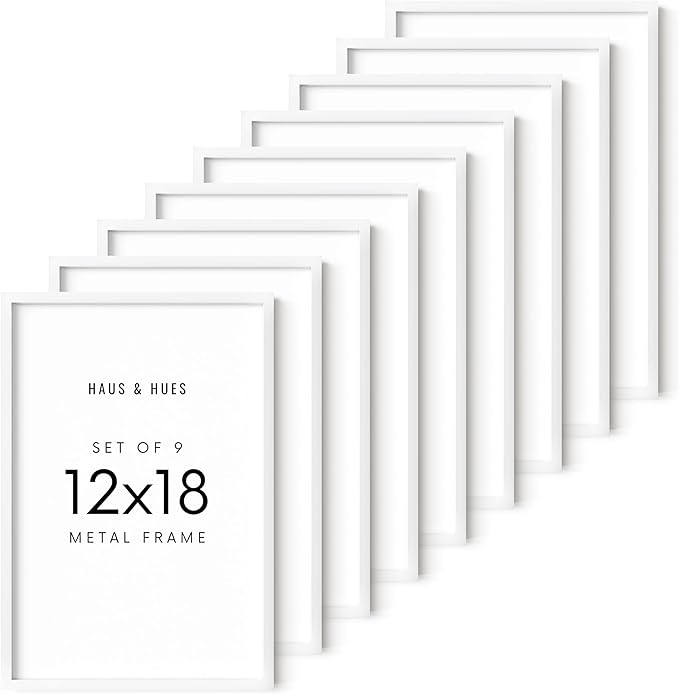 HAUS AND HUES 12x18 White Aluminum Frame Set of 9 - Vertical & Horizontal Hanging, Shatterproof Plexiglass (12x18 in, White)