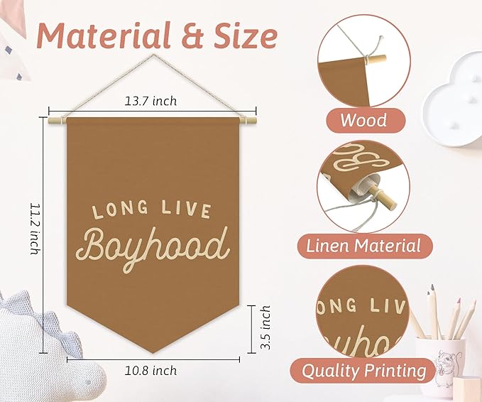 Fall Room Decor,Long Live Boyhood Boy Room Canvas Banner Nursery Playroom Wall Decor for Boys Bedroom Toddler Decorations Teen Boy Room Decor,Playroom Decor Wall Hanging Flag 15x11 Inch（Brown)