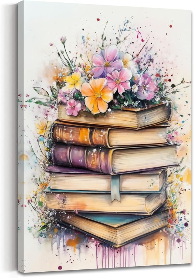 AWPANERAR Books Canvas Wall Art Moody Floral Picture Prints Flower and Books Painting Aesthetic Poster Watercolor Moody Artwork Library Study Decor Framed (42L x 28W)