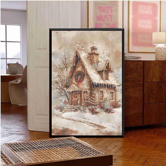 Framed Canvas Wall Art Home decor Winter Gingerbread House Traditional Christmas Print Festive Artwork Wall Decor canvas print poster 12x18in Metal blackFramed