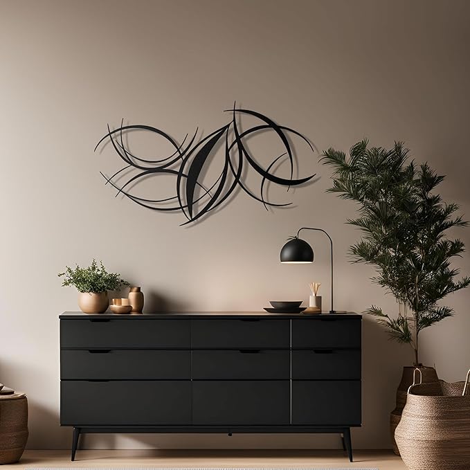 pluviart Modern Abstract Metal Wall Art – Black Curved Lines Sculpture for Living Room, Bedroom or Office – Large 3D Contemporary Home Decor – Minimalist Iron Wall Accent (30”x17”)