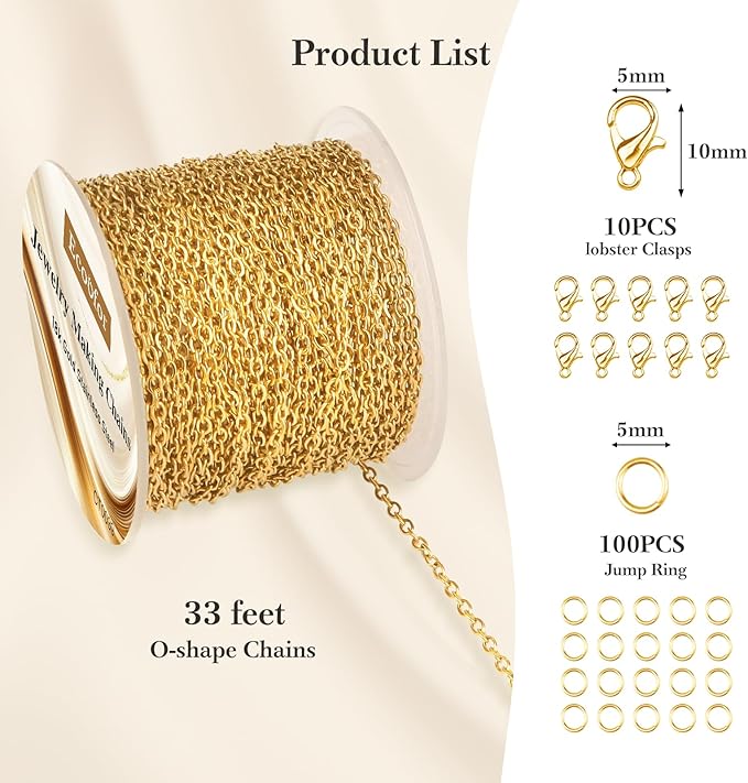 33 Ft 18K Gold Stainless Steel O-Shaped Chain Roll for DIY Jewelry Making - 2mm Width Gold Plated Chain with Jump Rings & Lobster Clasps