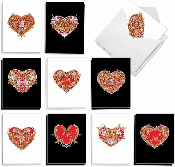 The Best Card Company - 20 Cute Boxed Cards (4 x 5.12 Inch) - Assorted Blank Set (10 Designs, 2 Each) - Baroque Hearts AM8999OCB-B2x10