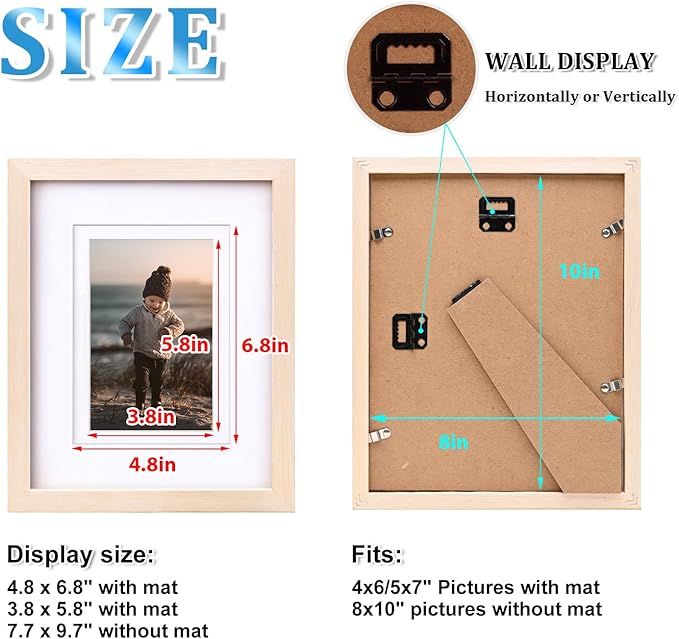 KINLINK 8x10 Picture Frame White Oak, Solid Light Wood Frames with Acrylic Plexiglass for Pictures 4x6/5x7 with Mat or 8x10 without Mat, Tabletop and Wall Display, Set of 4