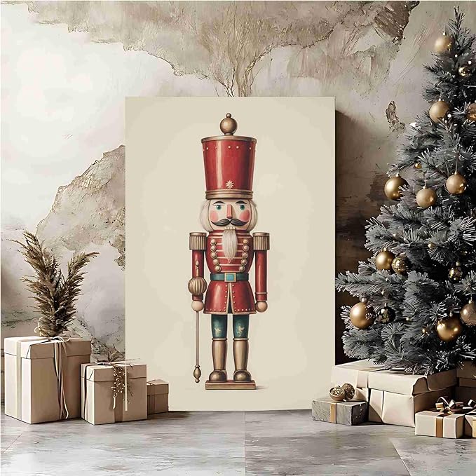 Nutcracker Christmas Wall Art Festive Christmas King Holiday Print Classic Soldier Nutcracker Vintage Holiday Canvas Painting Indoor Decor for Home Offices Living Room Bedroom Dining Room farmhouse