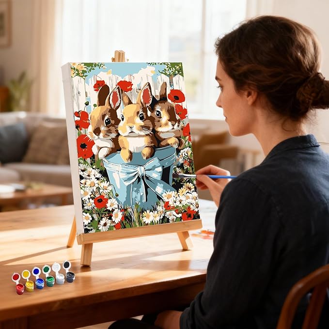 MXJSUA Easter Framed Paint by Numbers for Adults Beginners, Easy Adults' Paint-by-Number Kits on Canvas with Easel, Cute Bunnies Acrylic Number Painting Crafts Kits Gifts for Home Decor, 8x12inch